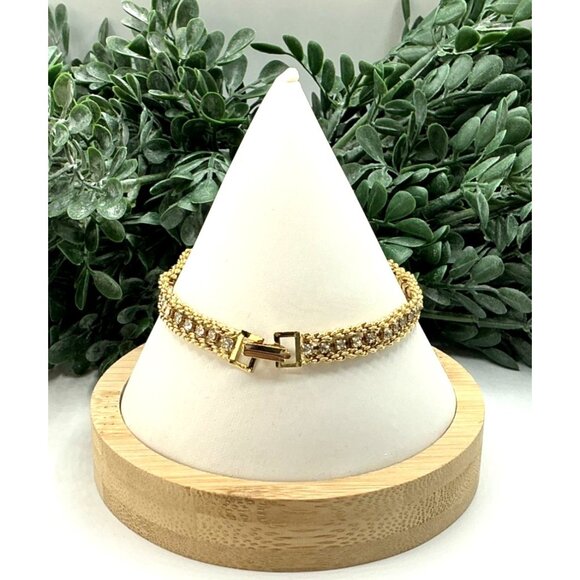 Gold Tone and Rhinestone Chain Bracelet With Fold-Over Clasp - Picture 5 of 5